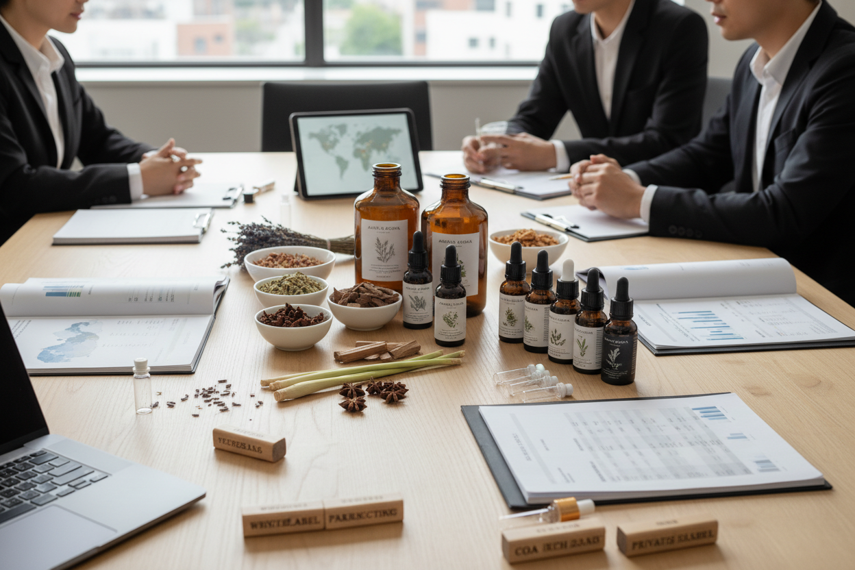Generate an image of Outsource Procurement and Sourcing of private label products like essential oils, fragrance oils and herbals 