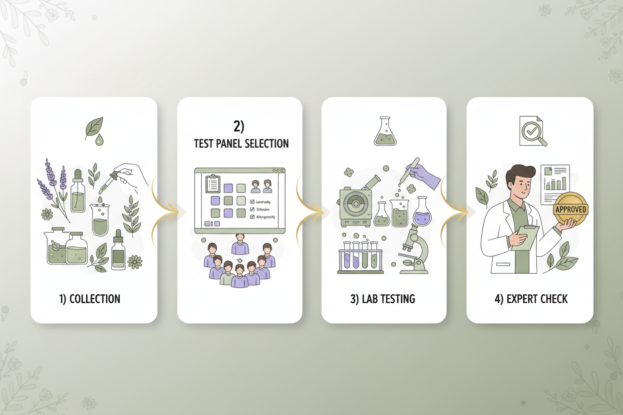 Generate an image of showing flow Collection , Test Panel Selection,  Lab Testing, Expert check