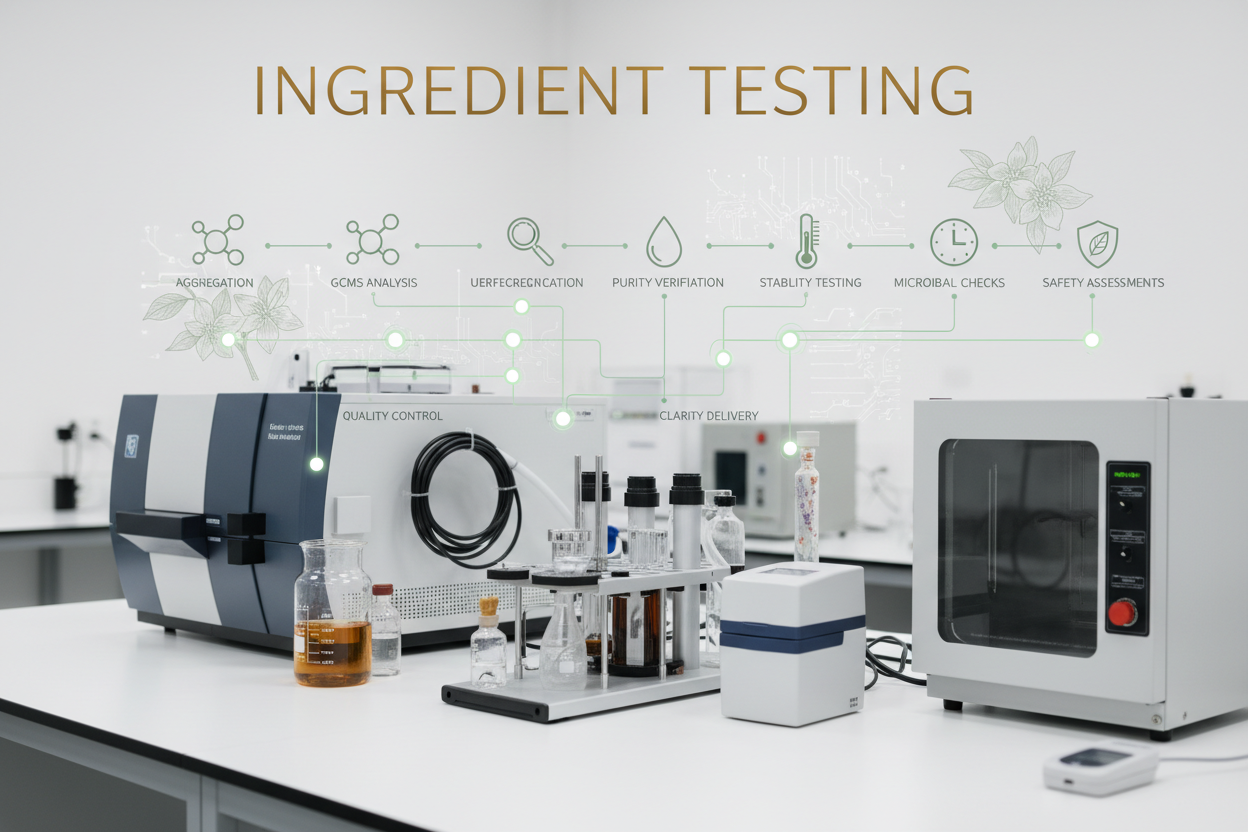Generate an image of showing title of Ingredient testing 

So we built a unified testing ecosystem covering GCMS, purity, stability, microbial & safety checks.

We don’t rely on one lab —

we aggregate → test → interpret → deliver clarity.