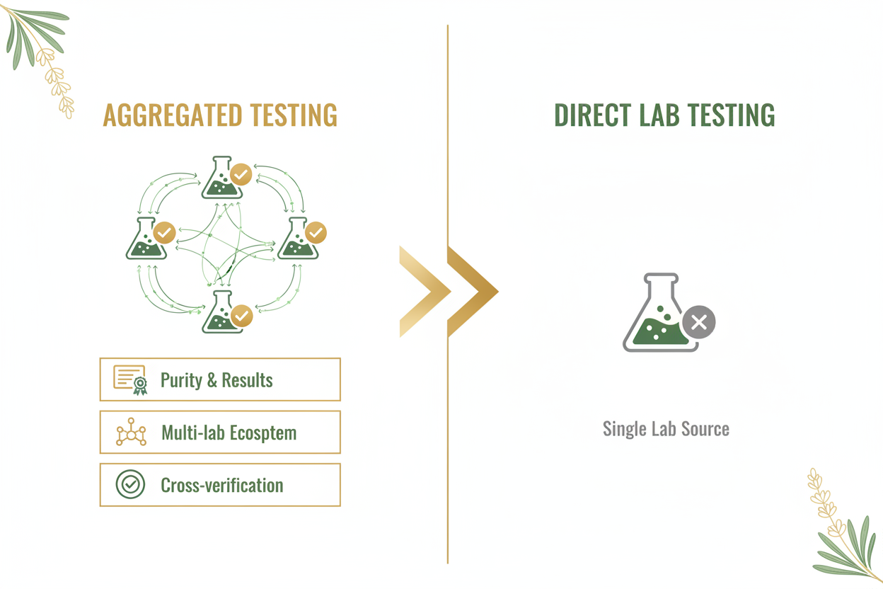 Generate an image of showing Why Aggregated Testing > Direct Lab
purity & results, Multi-lab ecosystem, Cross-verification