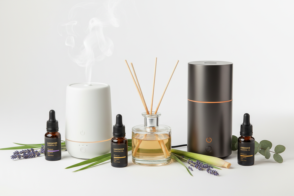 Generate an image showing diffusers systems Reed, ultrasonic, electric diffuser and with the diffuser aroma oils products