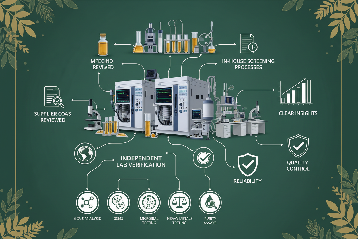 Generate an image showing our testing network 
Supplier COAs aren’t enough → brands need independent verificationWe know which lab is best for what (GCMS, microbial, metals, assay, etc.)In-house screening avoids wasted time & wrong testingWe understand GCMS purity markers & adulteration patternsWe convert technical reports → simple, actionable insightsResult: Faster, cleaner, more reliable testing outcomes.
