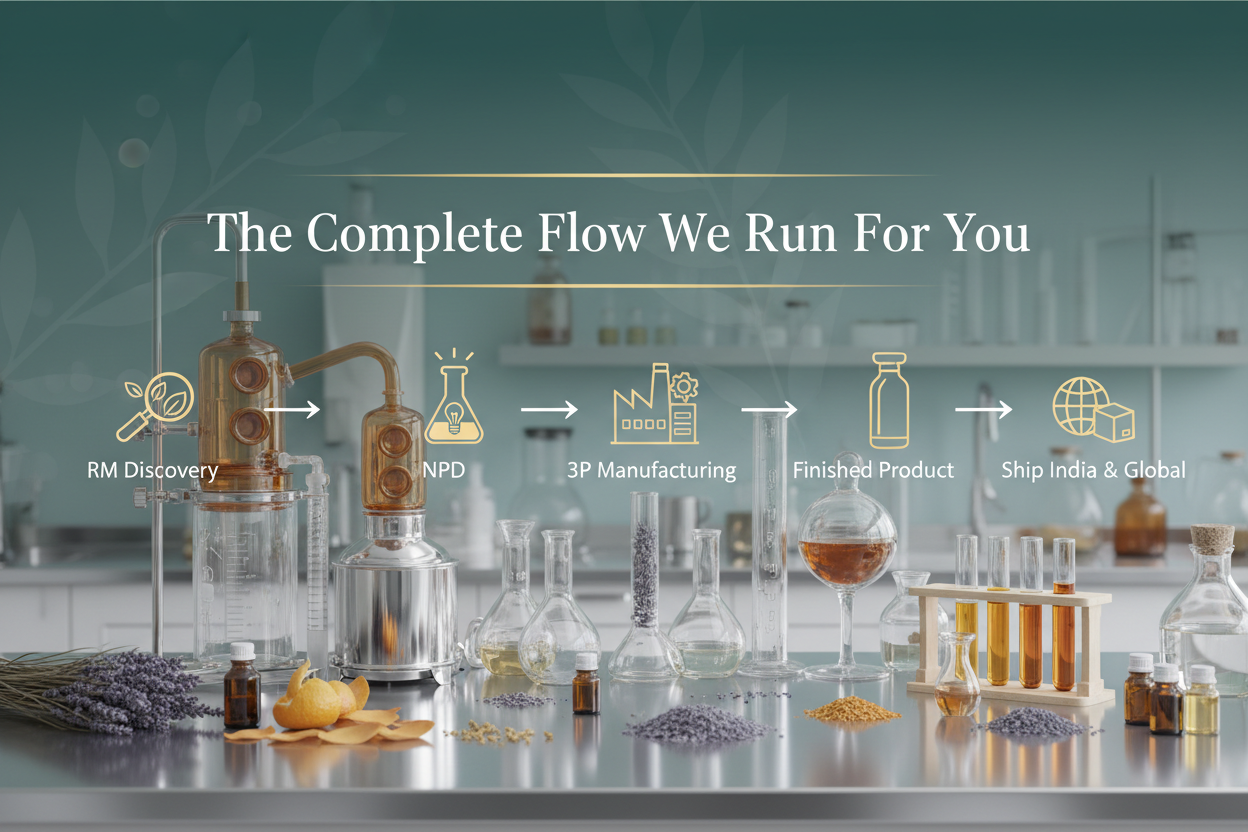 Generate and image of background of labs of oils and testing and text written 
Heading - The Complete Flow We Run For You

Subheading - RM Discovery → NPD → 3P Manufacturing → Finished Product → Ship India & Global
Sub heading should be with icons 