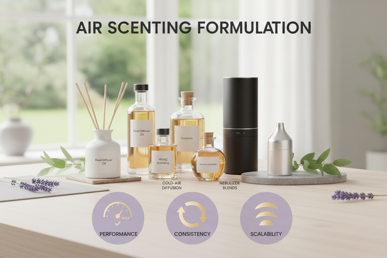 Generate and image of heading AIR SCENTING Formulation
And show develop application-specific aroma and diffuser oil solutions designed for different air-scenting systems
icons for ensuring performance, consistency, and scalability best for home envionment